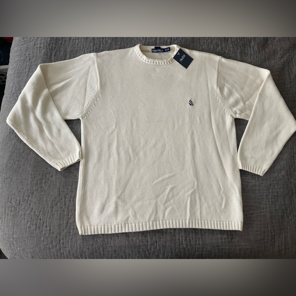 NWT Nautica Men's Off-White Crewneck Sweater XL 100% Cotton Knit Thick Soft